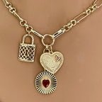 Gold Charm Necklace: CZ Heart, Sundial & Lock Pendants