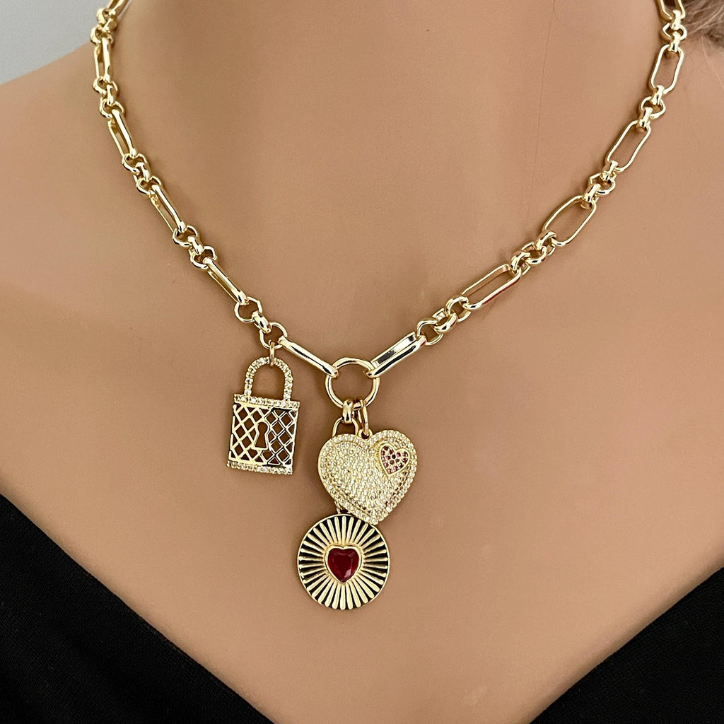 Gold Charm Necklace: CZ Heart, Sundial & Lock Pendants