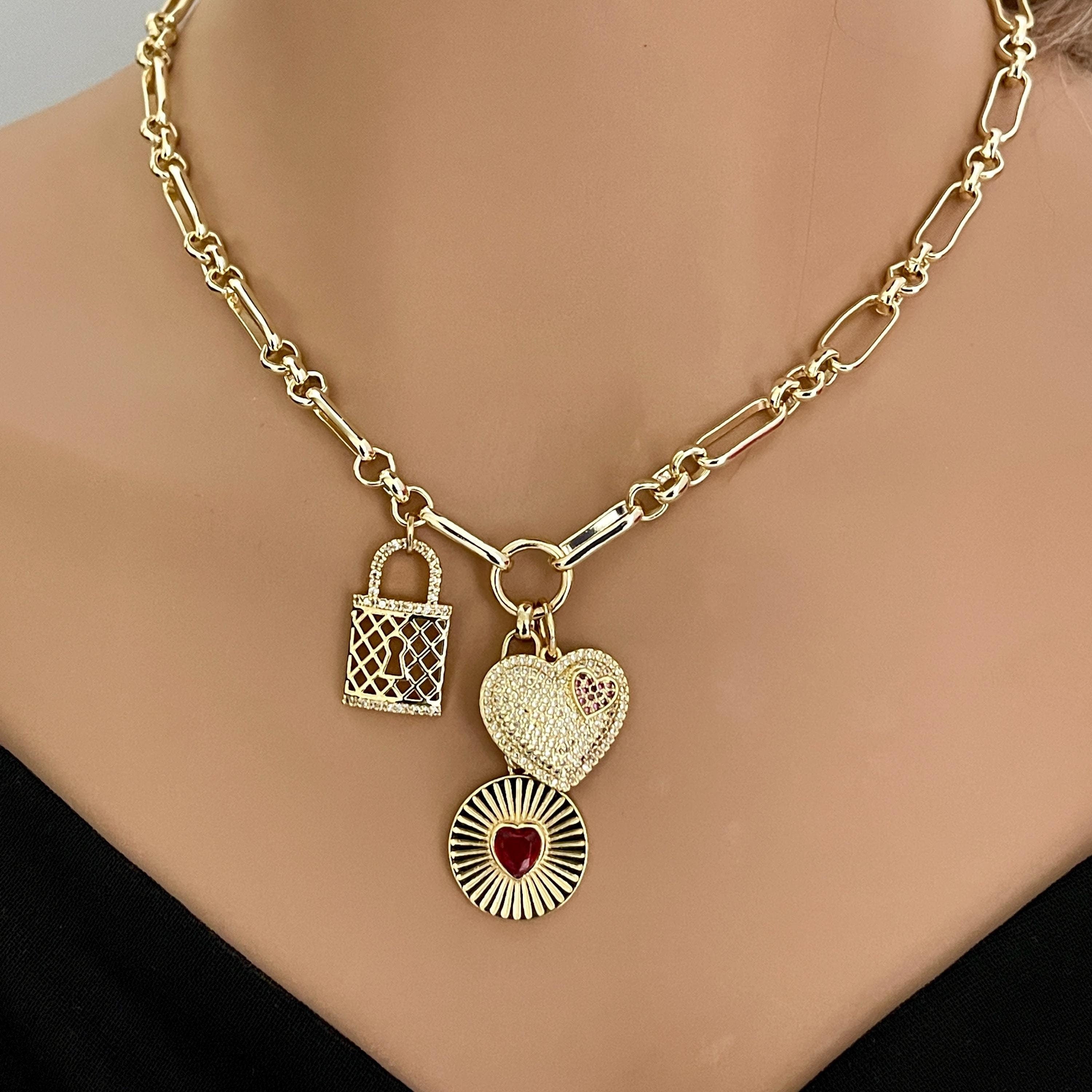 Gold Charm Necklace: CZ Heart, Sundial & Lock Pendants
