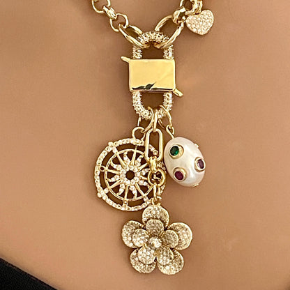 Gold Multi Charm Necklace-Gold Micro Pave Charms-Flower Pendant- Heart Charm-CZ Pearl Pendant-CZ Wheel Charm-Rolo Chain-CZ Carabiner Clasp