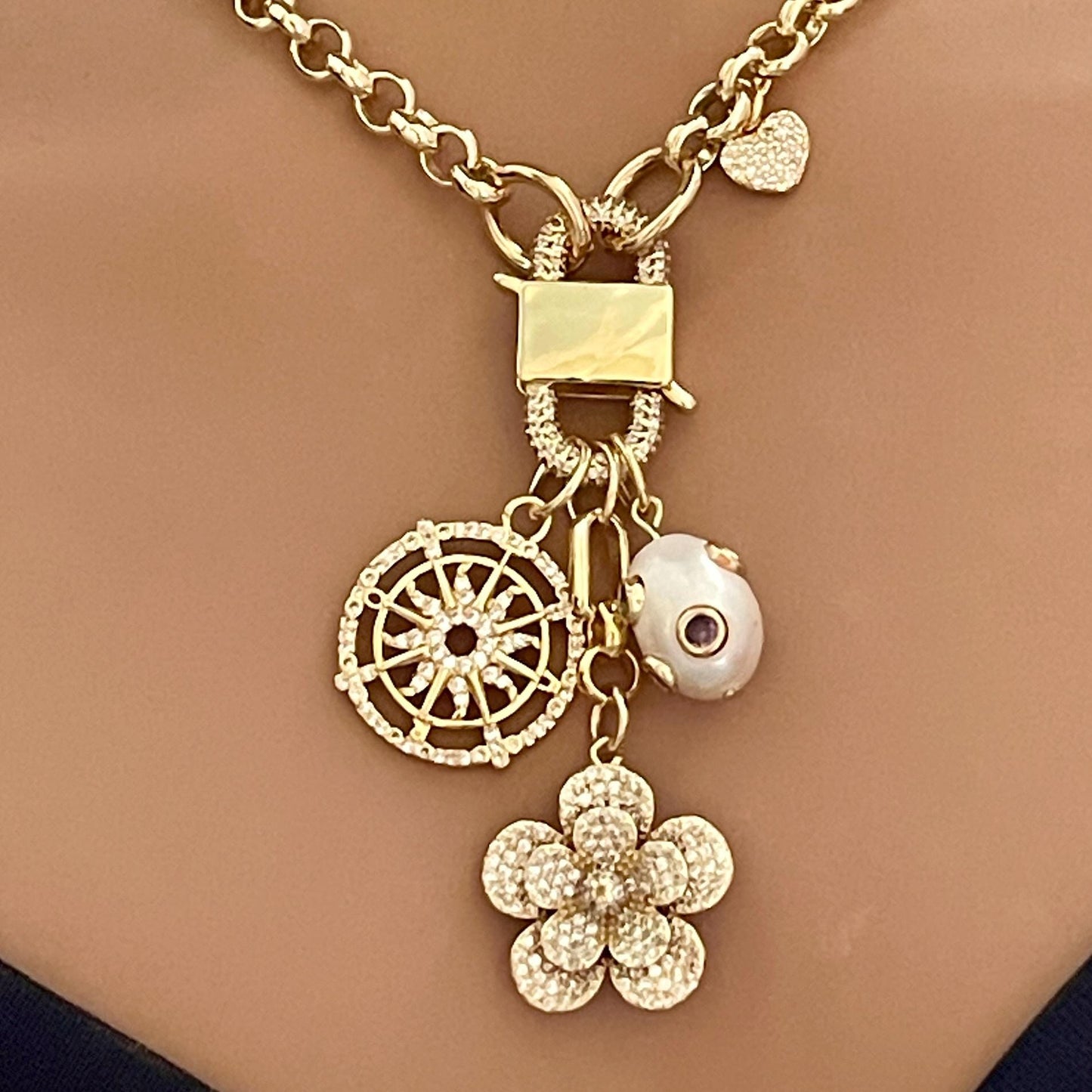 Gold Multi Charm Necklace-Gold Micro Pave Charms-Flower Pendant- Heart Charm-CZ Pearl Pendant-CZ Wheel Charm-Rolo Chain-CZ Carabiner Clasp