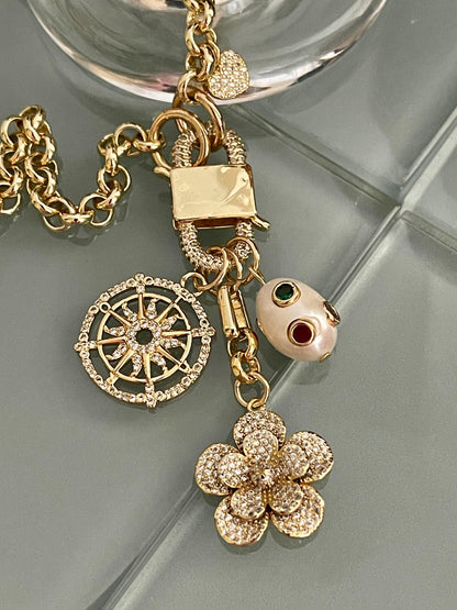 Gold Multi Charm Necklace-Gold Micro Pave Charms-Flower Pendant- Heart Charm-CZ Pearl Pendant-CZ Wheel Charm-Rolo Chain-CZ Carabiner Clasp