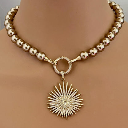 Gold/Bronze Porcelain Glass Replica Pearl Necklace-Gold Mico Pave Sun Burst Pendant- Hand Knotted 18" Strand -Micro Pave Spring Lock Clasp