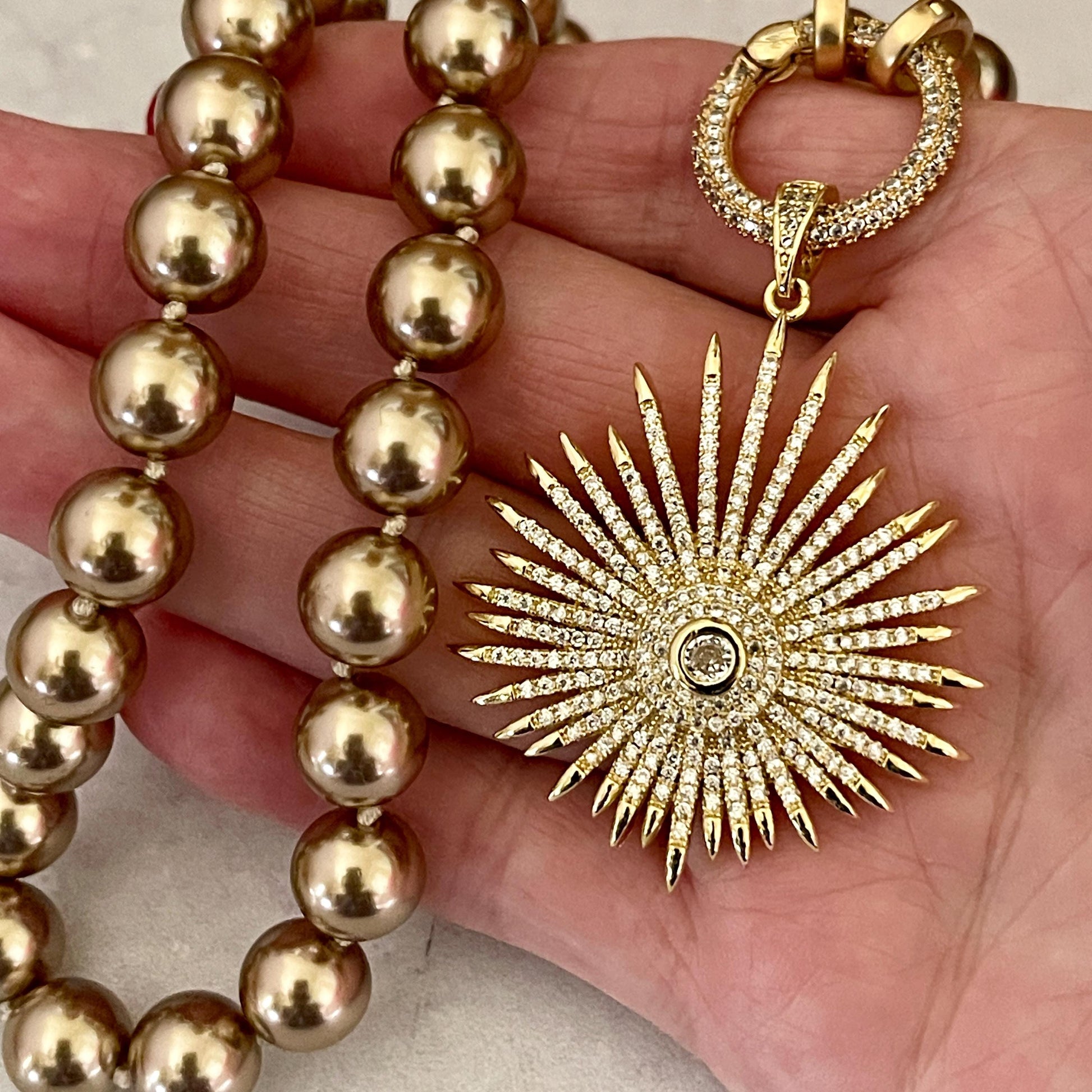 Gold/Bronze Porcelain Glass Replica Pearl Necklace-Gold Mico Pave Sun Burst Pendant- Hand Knotted 18" Strand -Micro Pave Spring Lock Clasp