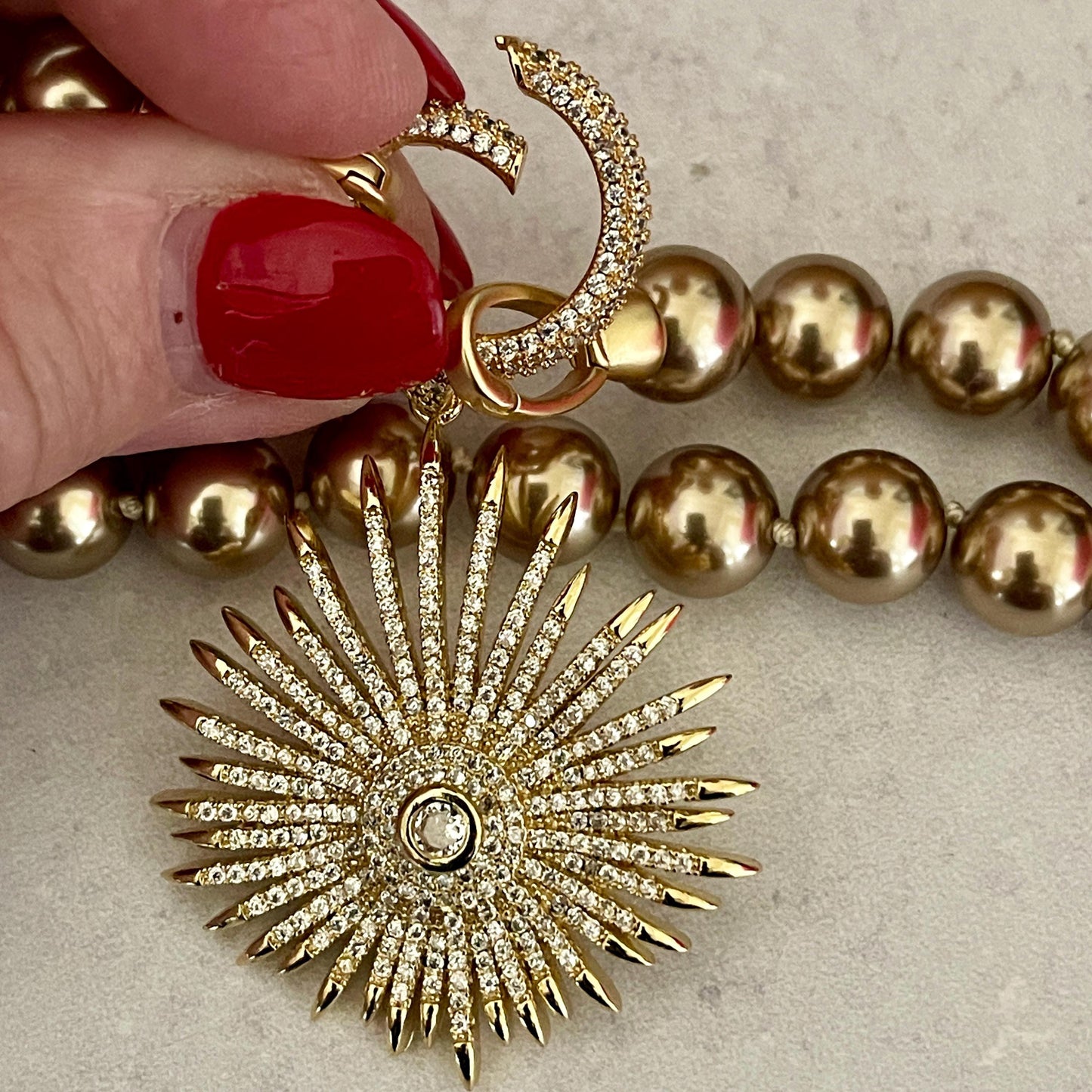 Gold/Bronze Porcelain Glass Replica Pearl Necklace-Gold Mico Pave Sun Burst Pendant- Hand Knotted 18" Strand -Micro Pave Spring Lock Clasp