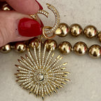 Hand Knotted Bronze Pearl Necklace – Gold Micro Pave Sunburst Pendant