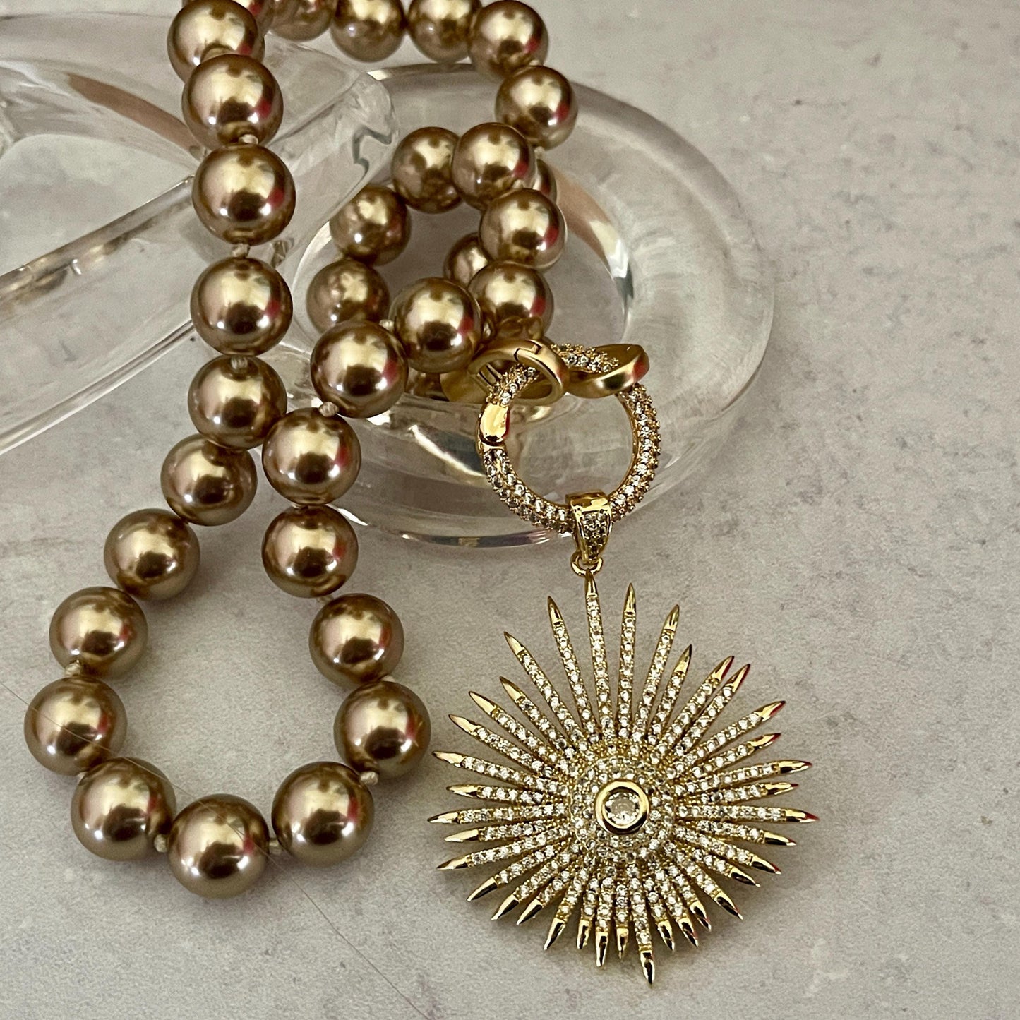 Gold/Bronze Porcelain Glass Replica Pearl Necklace-Gold Mico Pave Sun Burst Pendant- Hand Knotted 18" Strand -Micro Pave Spring Lock Clasp