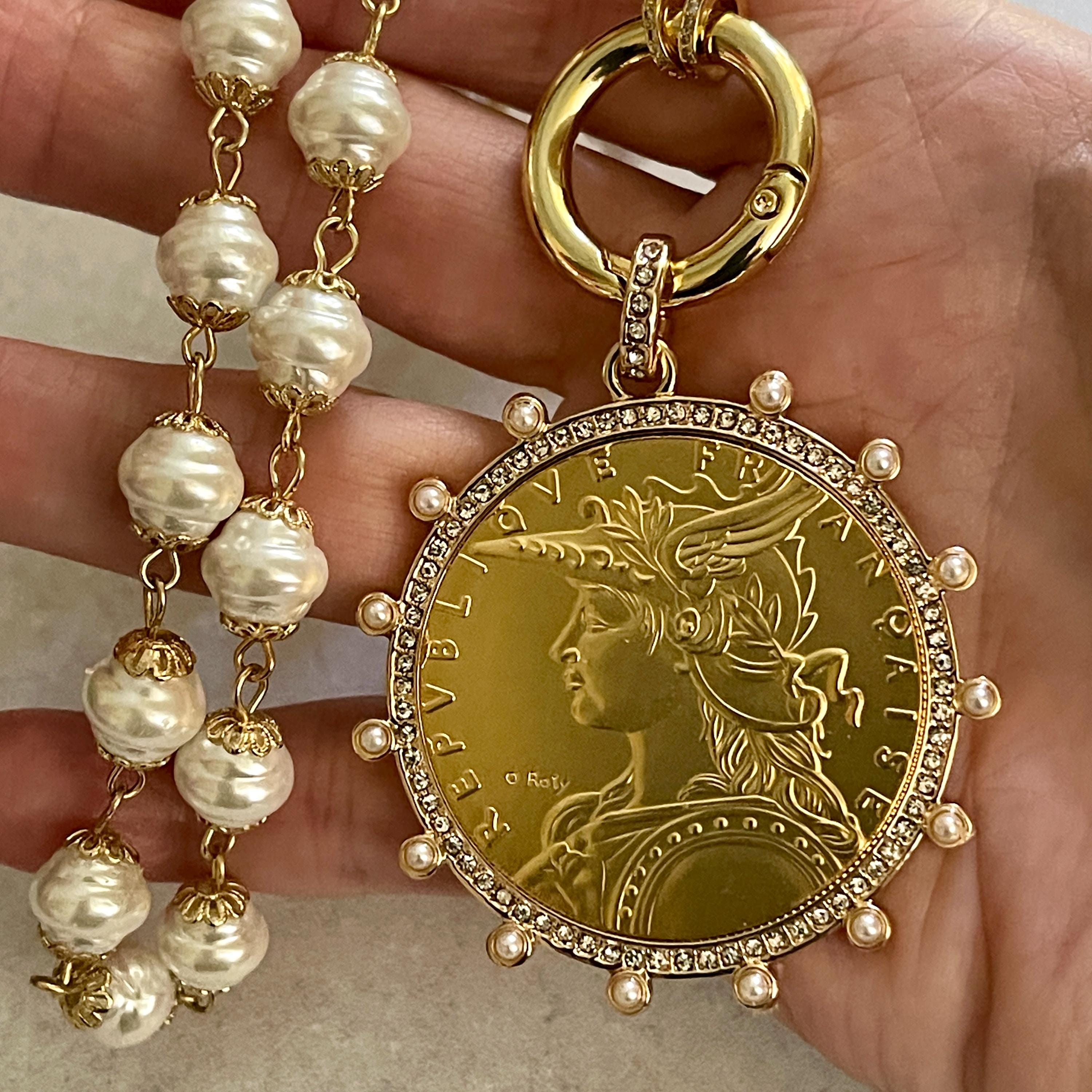 GoReproduction Coin Necklace-Porcelain Pearl Chain Necklace- Coin Pendant-Pearl and Cubic Zirconia Bezel Coin-Spring Lock Clasp