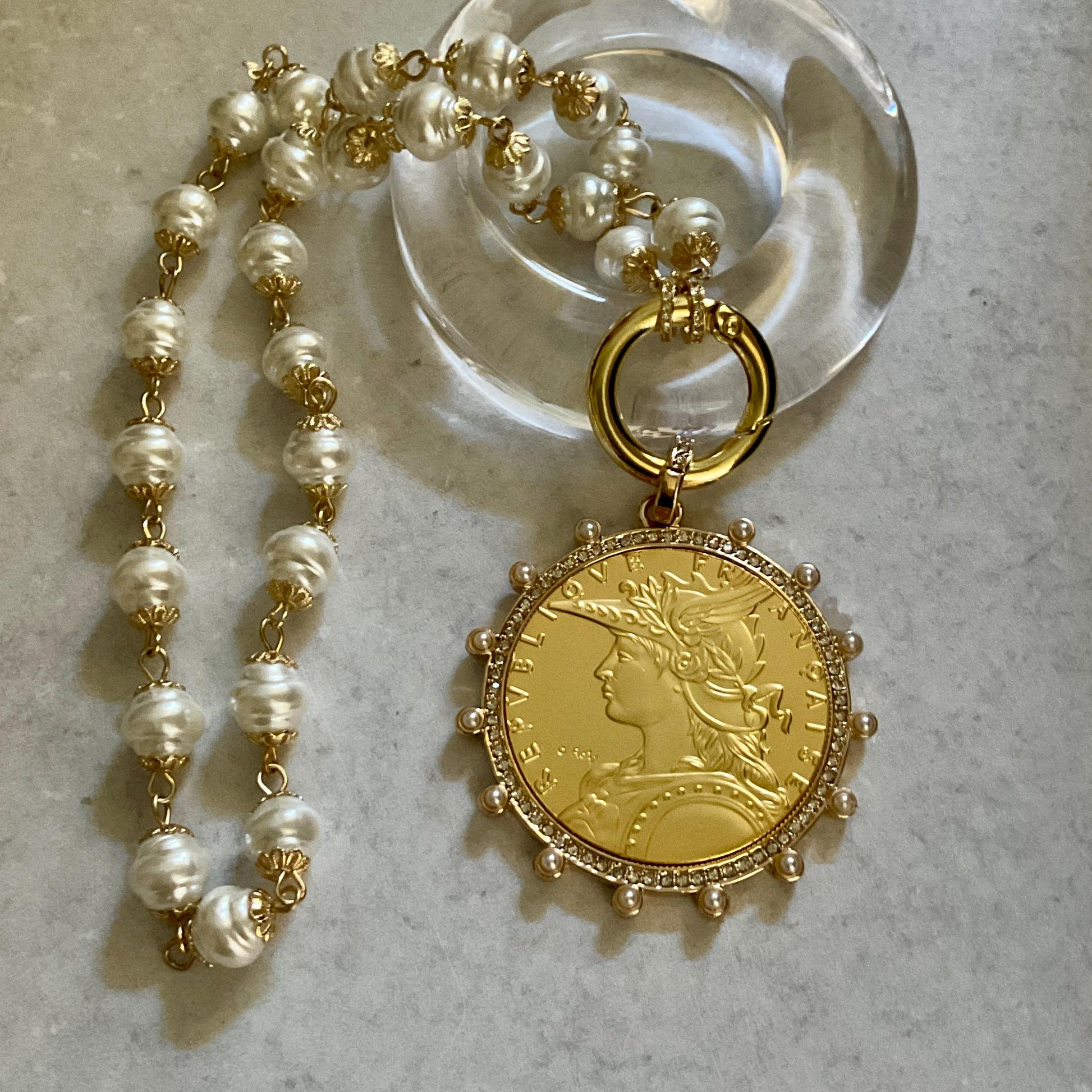 Gold Vintage Coin Necklace-Porcelain Pearl Chain Necklace-Reproduction Coin Pendant-Pearl and Cubic Zirconia Bezel Coin-Spring Lock Clasp