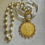 Gold French Coin Necklace: Porcelain Pearl Chain, CZ Bezel