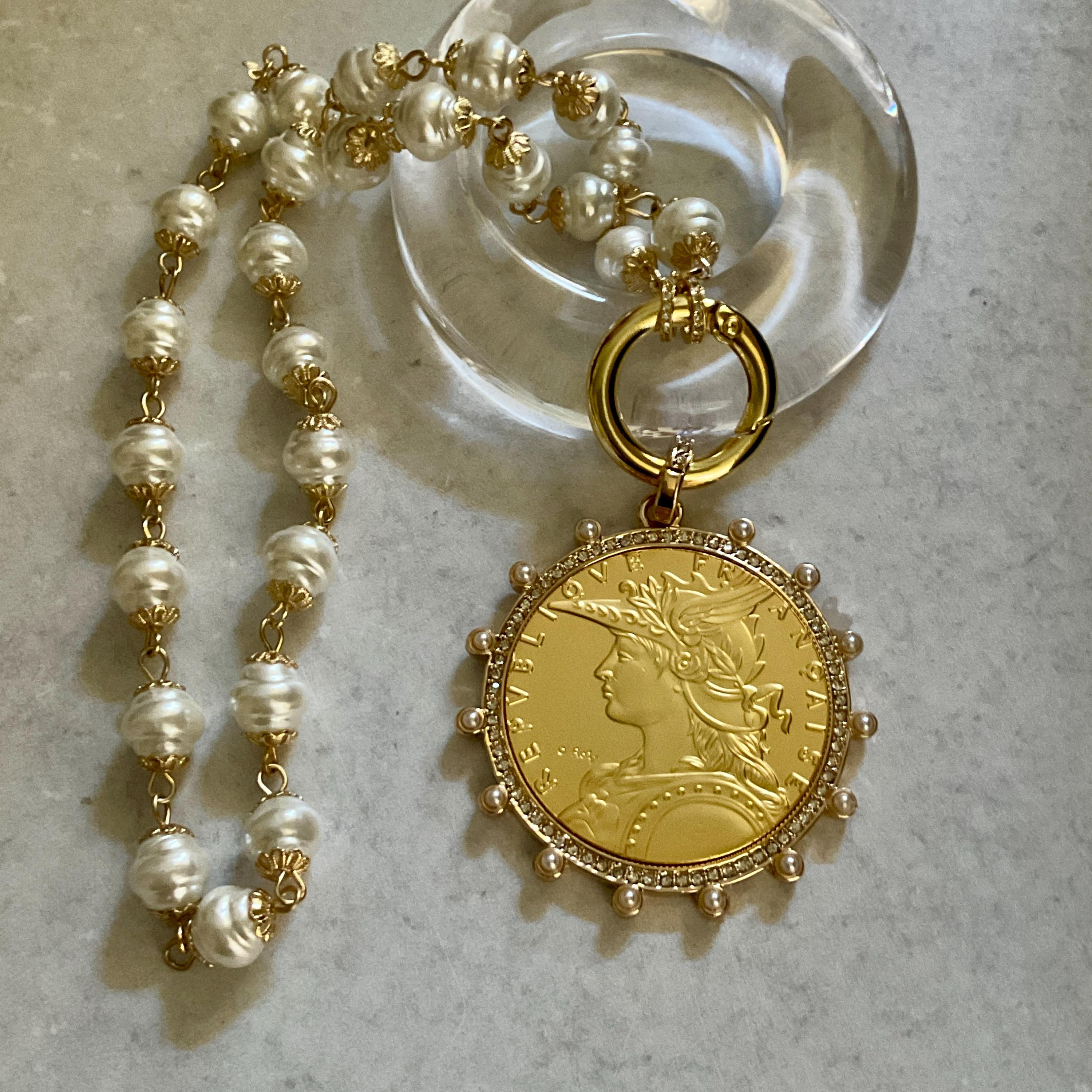 Gold French Coin Necklace: Porcelain Pearl Chain, CZ Bezel