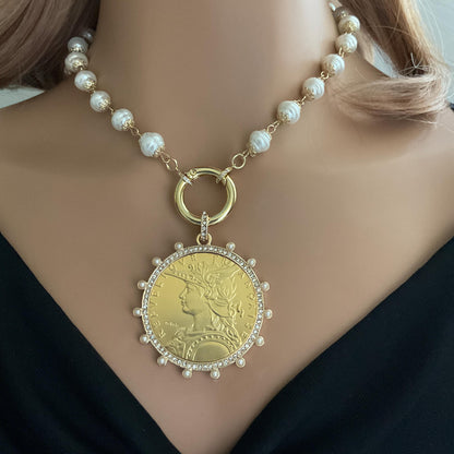 Gold Vintage Coin Necklace-Porcelain Pearl Chain Necklace-Reproduction Coin Pendant-Pearl and Cubic Zirconia Bezel Coin-Spring Lock Clasp