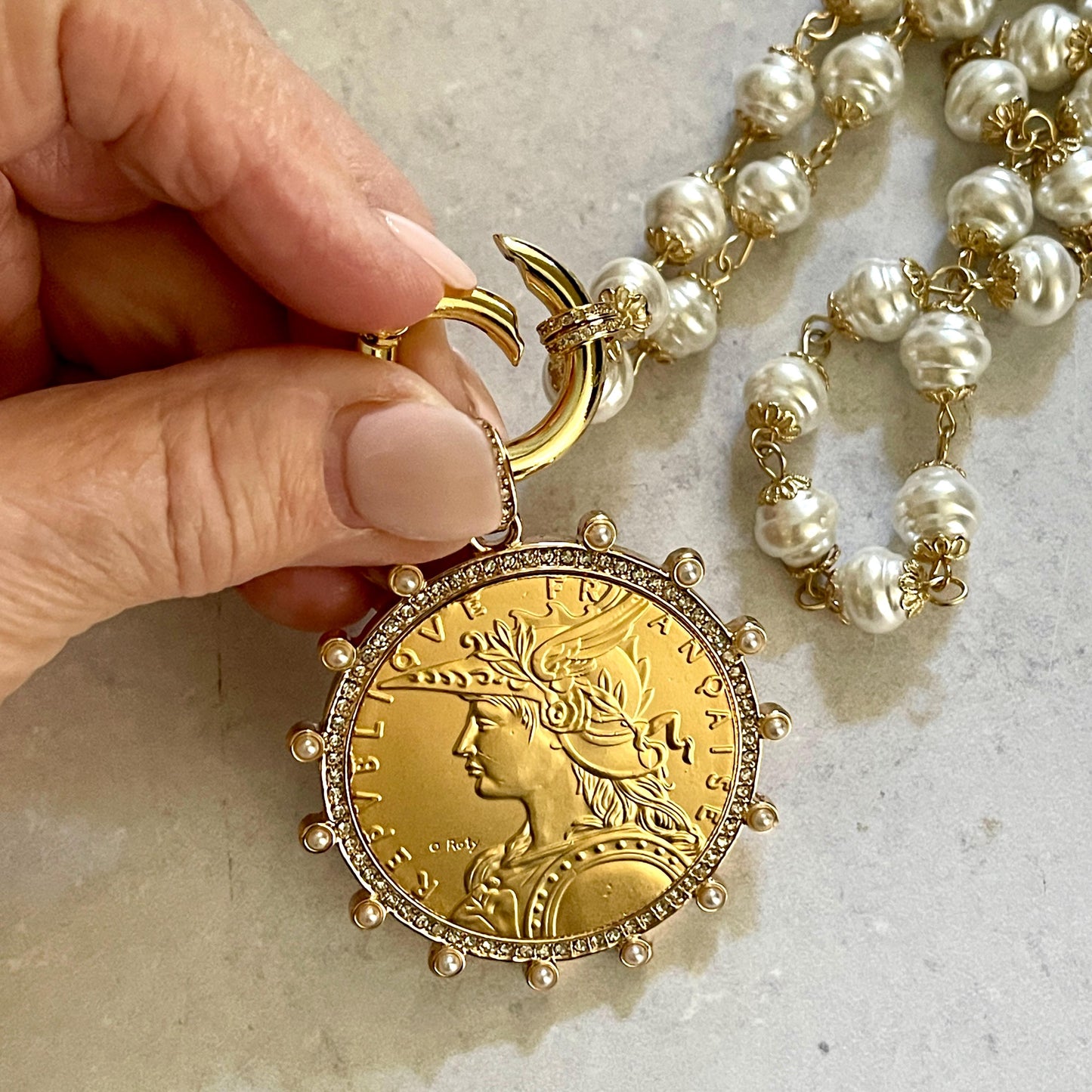 Gold Vintage Coin Necklace-Porcelain Pearl Chain Necklace-Reproduction Coin Pendant-Pearl and Cubic Zirconia Bezel Coin-Spring Lock Clasp