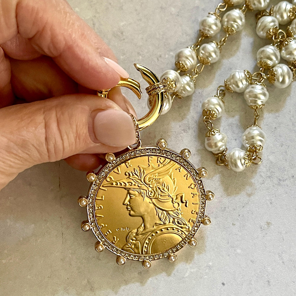 Gold French Coin Necklace: Porcelain Pearl Chain, CZ Bezel