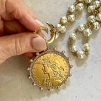Gold French Coin Necklace: Porcelain Pearl Chain, CZ Bezel