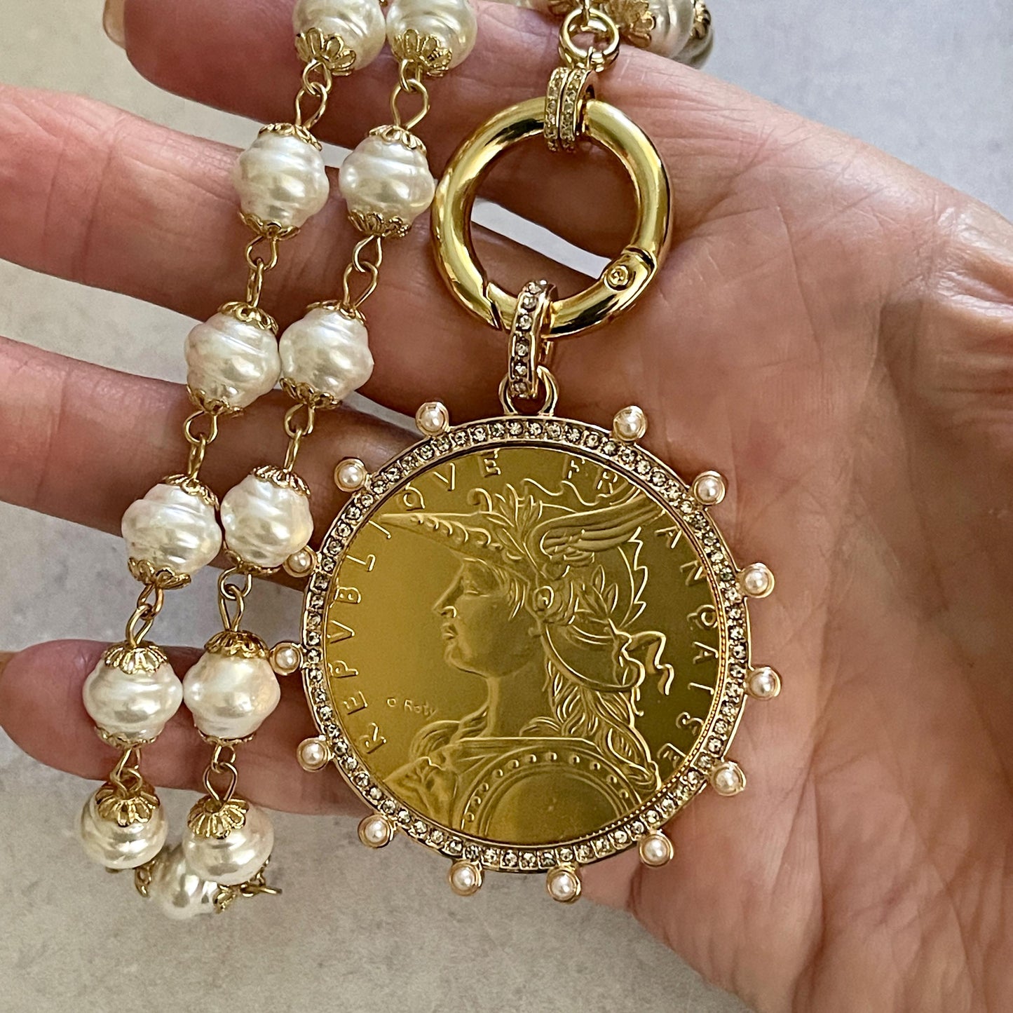 Gold Vintage Coin Necklace-Porcelain Pearl Chain Necklace-Reproduction Coin Pendant-Pearl and Cubic Zirconia Bezel Coin-Spring Lock Clasp