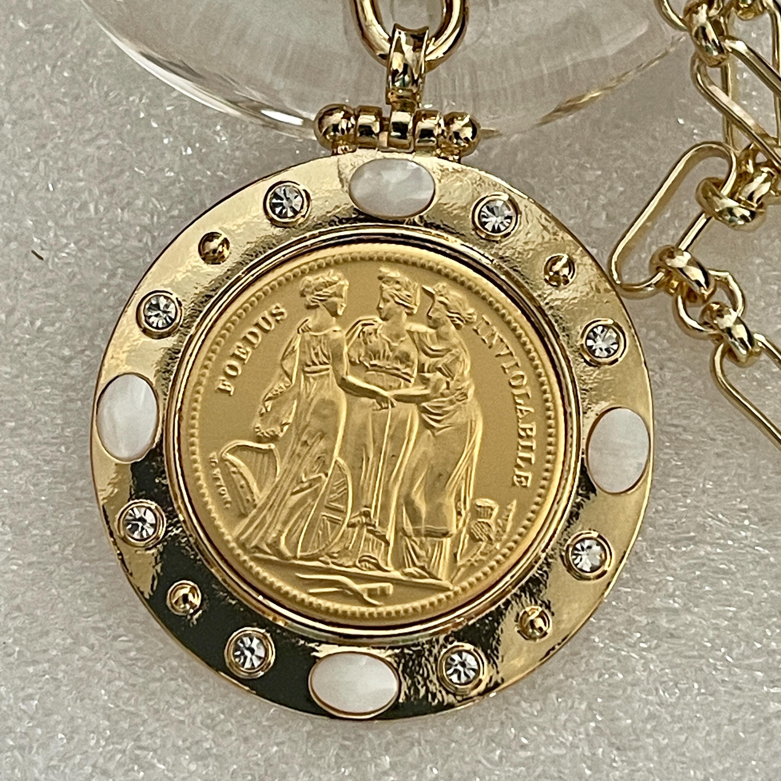 Three Graces Gold Coin Necklace – CZ & Mother of Pearl Bezel