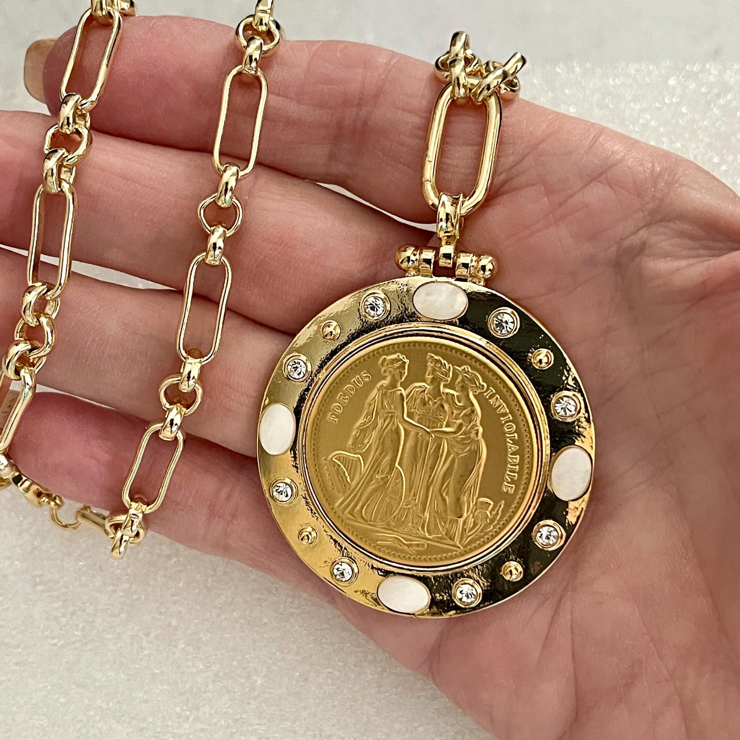 Gold Coin Necklace-Gold Multi-Link Chain-Three Graces Gold Coin Pendant- CZ And Mother Of Pearl Coin Bezel-Greek Mythology Coin