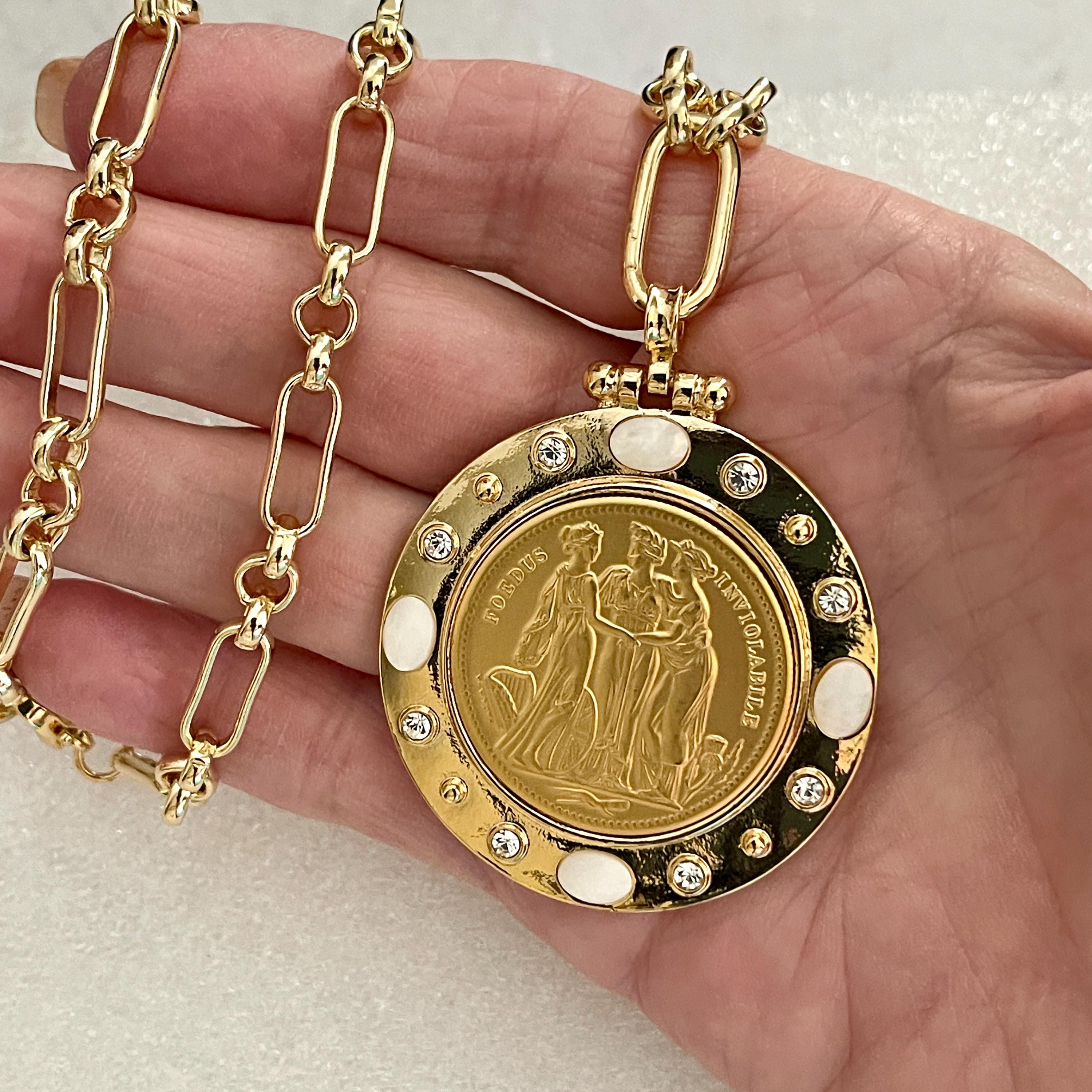 Three Graces Gold Coin Necklace – CZ & Mother of Pearl Bezel