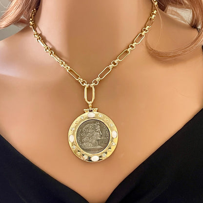 Silver Coin Pendant, Reproduction Coin-Republique Francaise Coin Pendant, Gold Bezel- CZ And Mother of Pearl Bezel Accents-Head of Marianne