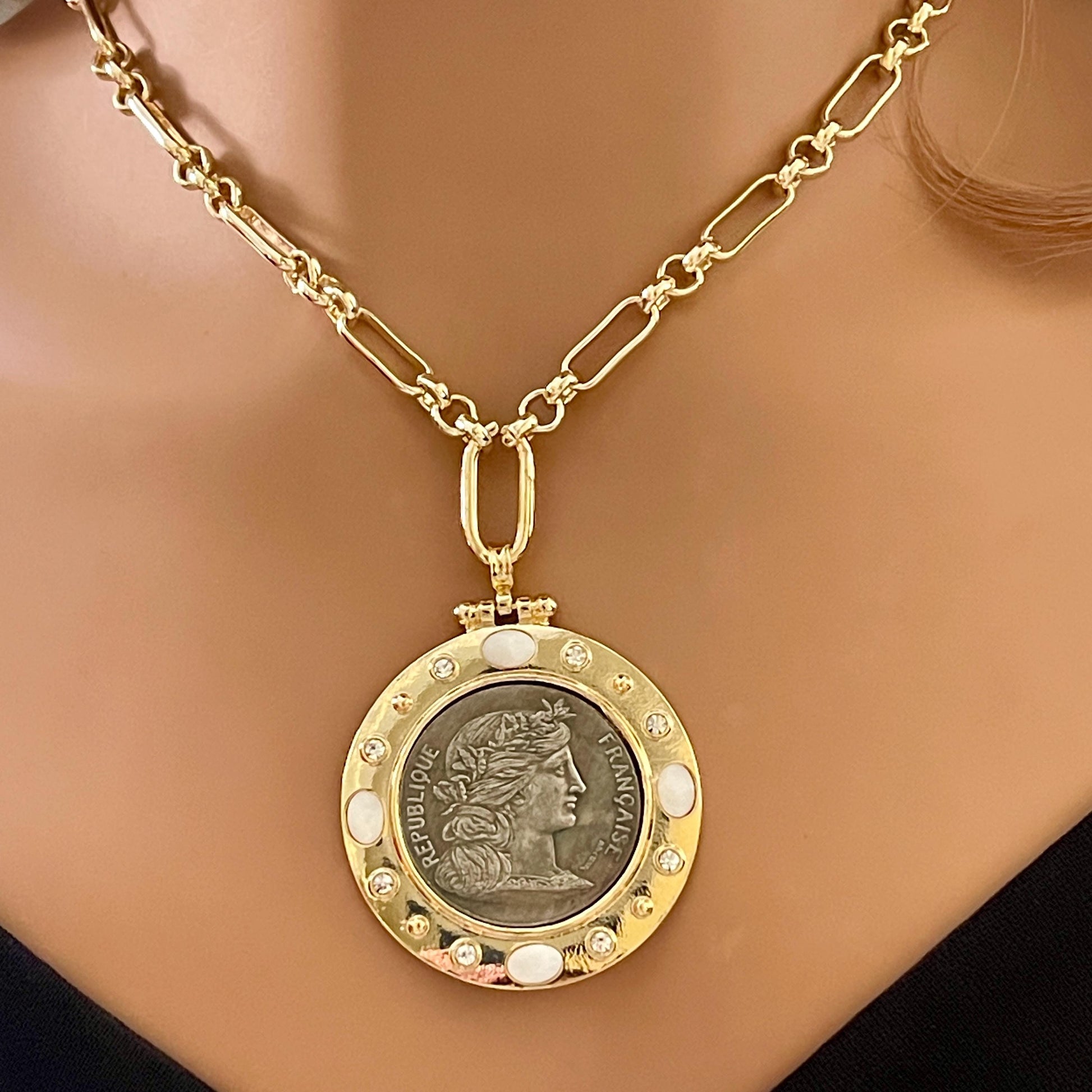 Silver Coin Pendant, Reproduction Coin-Republique Francaise Coin Pendant, Gold Bezel- CZ And Mother of Pearl Bezel Accents-Head of Marianne