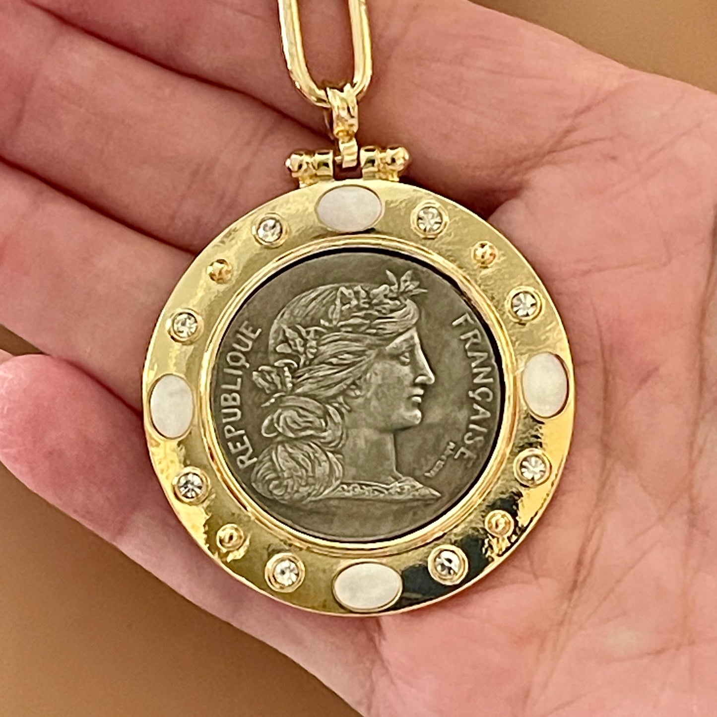 Silver Coin Pendant, Reproduction Coin-Republique Francaise Coin Pendant, Gold Bezel- CZ And Mother of Pearl Bezel Accents-Head of Marianne