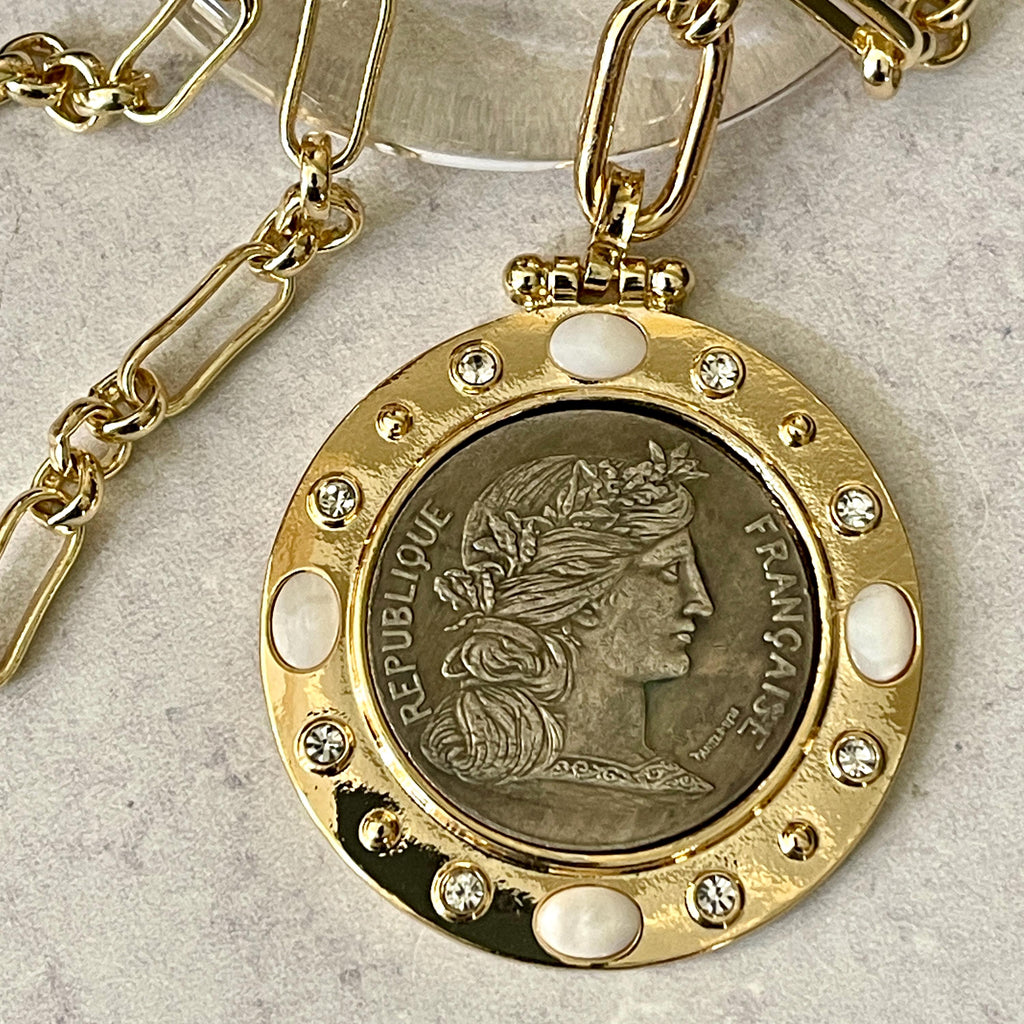 Reproduction French Coin Pendant Necklace, Gold Bezel, CZ & Mother of Pearl Accents