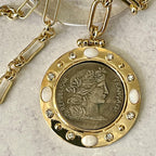 Reproduction French Coin Pendant Necklace, Gold Bezel, CZ & Mother of Pearl Accents