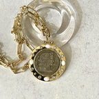 Silver Coin Pendant, Reproduction Coin-Republique Francaise Coin Pendant, Gold Bezel- CZ And Mother of Pearl Bezel Accents-Head of Marianne