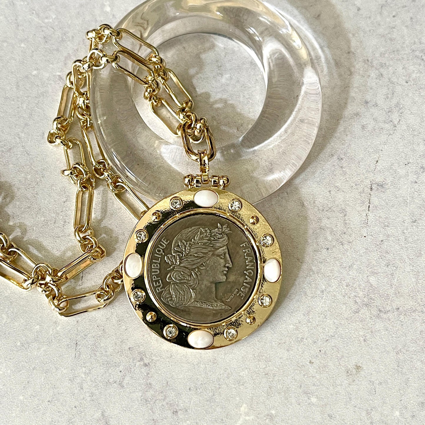 Silver Coin Pendant, Reproduction Coin-Republique Francaise Coin Pendant, Gold Bezel- CZ And Mother of Pearl Bezel Accents-Head of Marianne