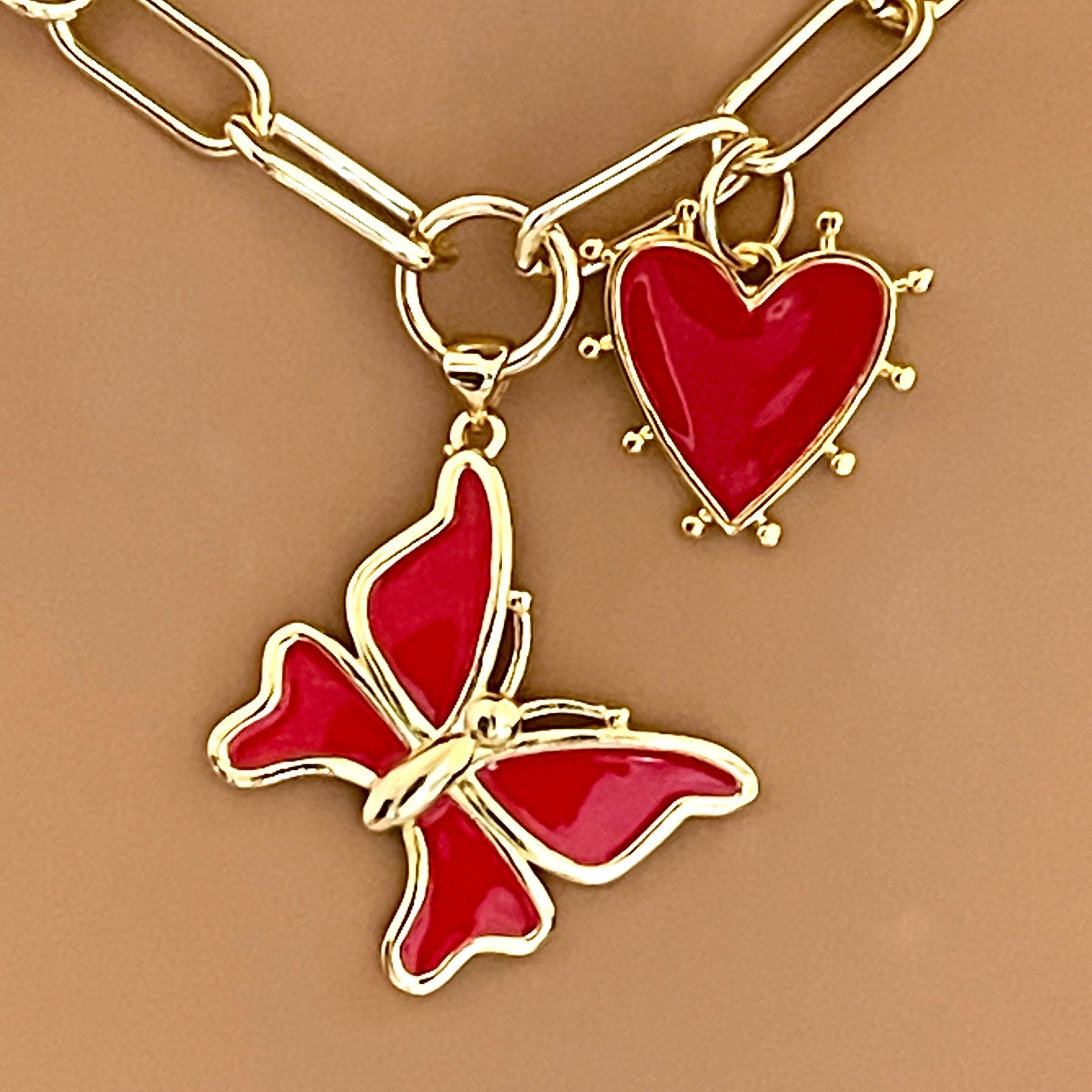 Gold Paperclip Charm Necklace-Red Heart /Red Butterfly Enamel Pendant-Charm Necklace-Lobster Clasp-Gift For Her