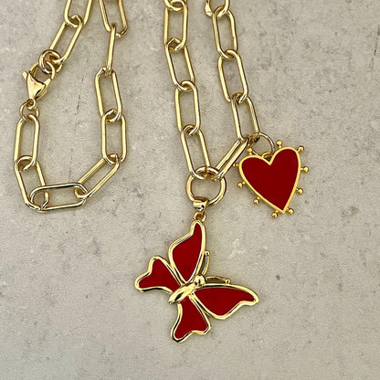 Gold Paperclip Charm Necklace-Red Heart /Red Butterfly Enamel Pendant-Charm Necklace-Lobster Clasp-Gift For Her