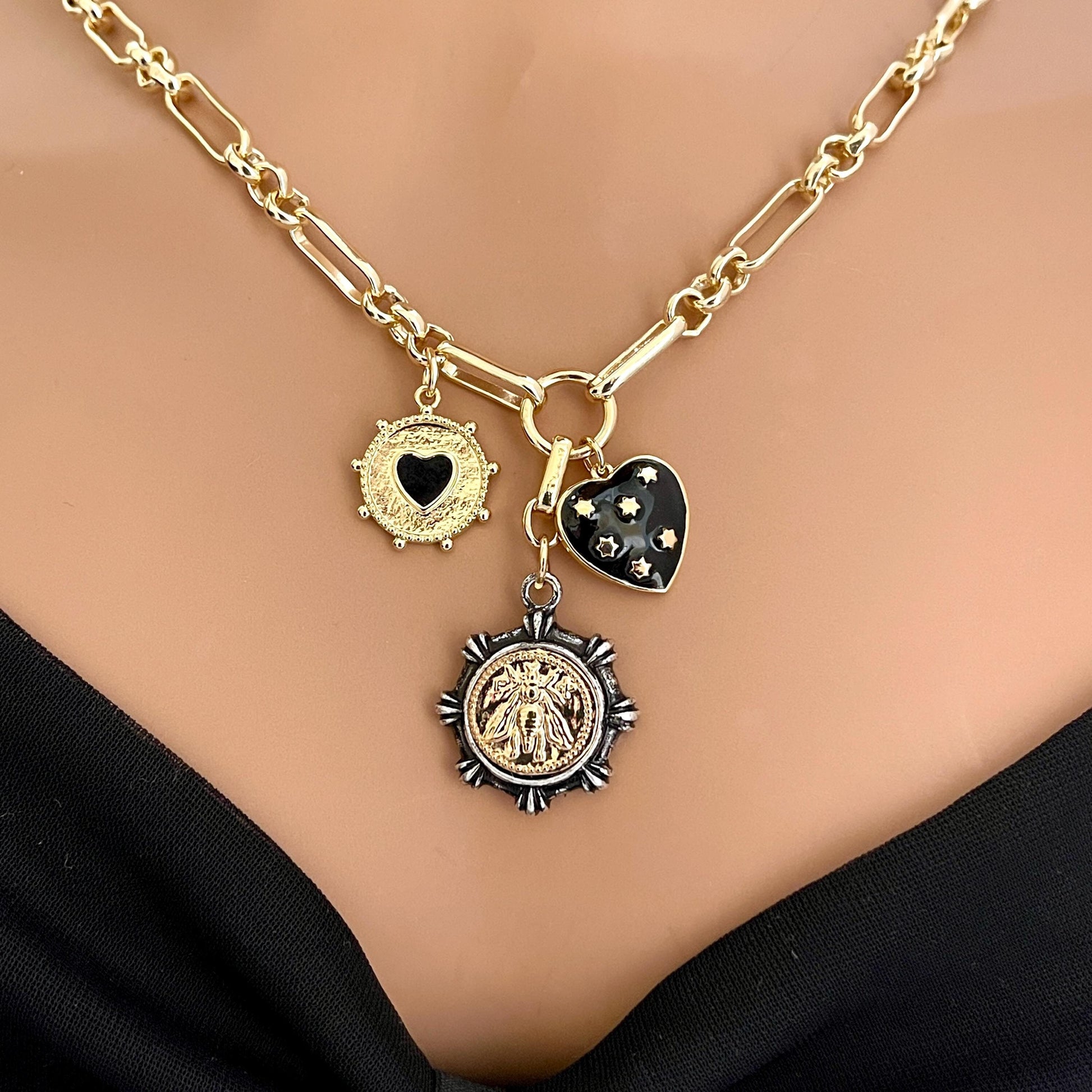 Gold Multi Charm Necklace-Specialty Chain-Black Enamel Heart Charm- Gold Spiked Charm-Frech Bee Coin Pendant-Layering Necklace-Gift For Her