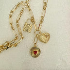 Gold Charm Necklace: CZ Heart, Sundial & Lock Pendants