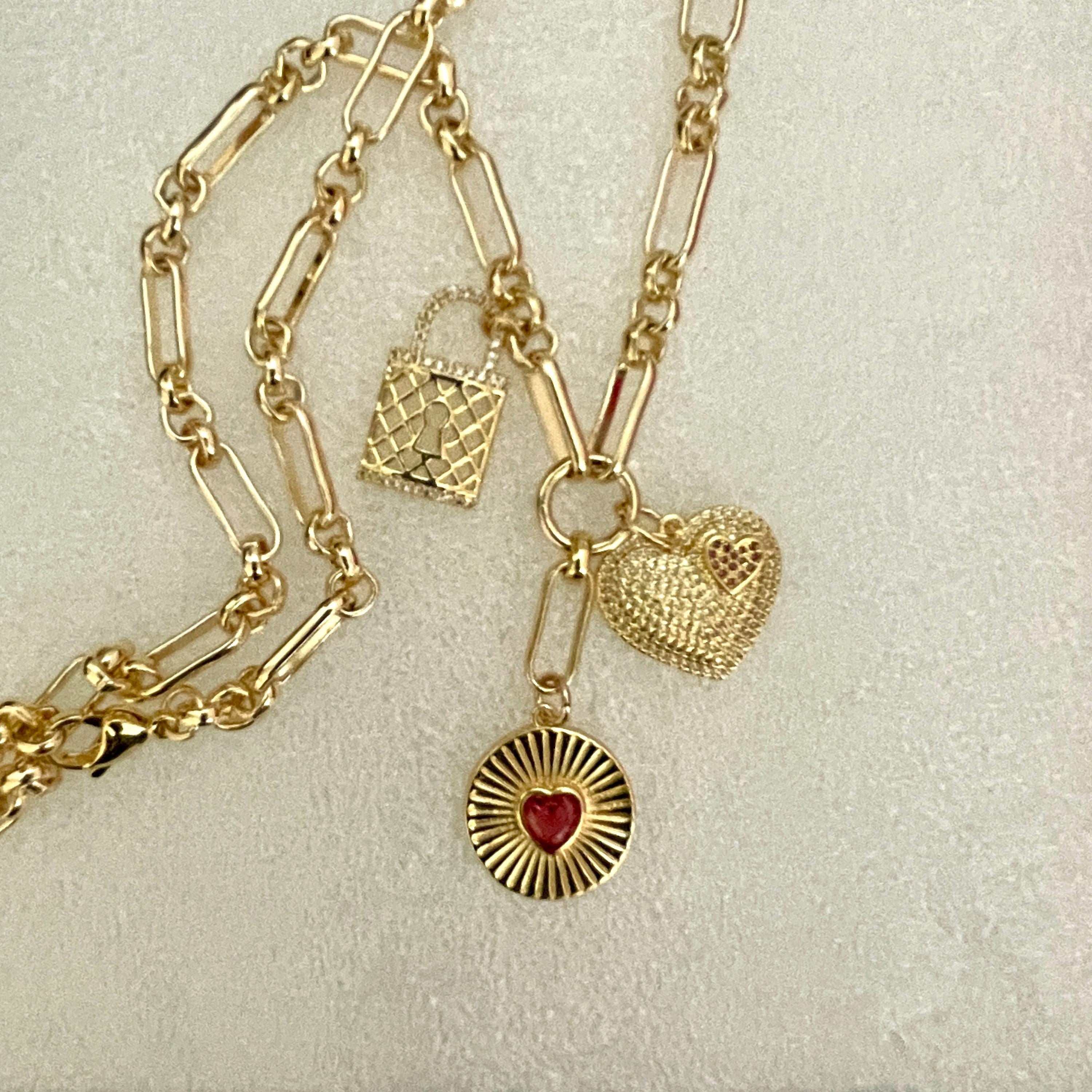 Gold Charm Necklace: CZ Heart, Sundial & Lock Pendants