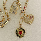 Gold Charm Necklace: CZ Heart, Sundial & Lock Pendants