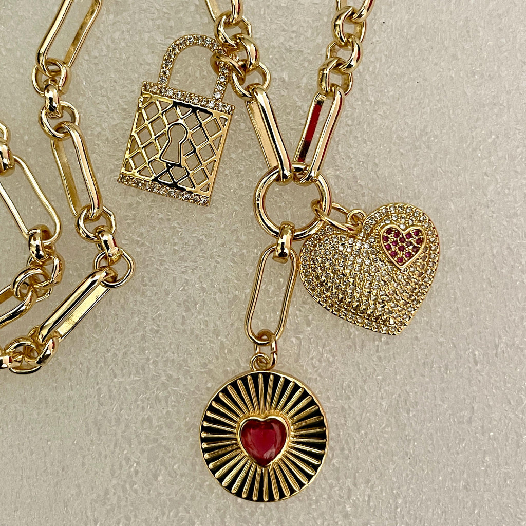 Gold Charm Necklace: CZ Heart, Sundial & Lock Pendants