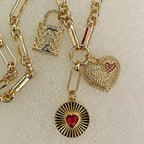 Gold Charm Necklace: CZ Heart, Sundial & Lock Pendants