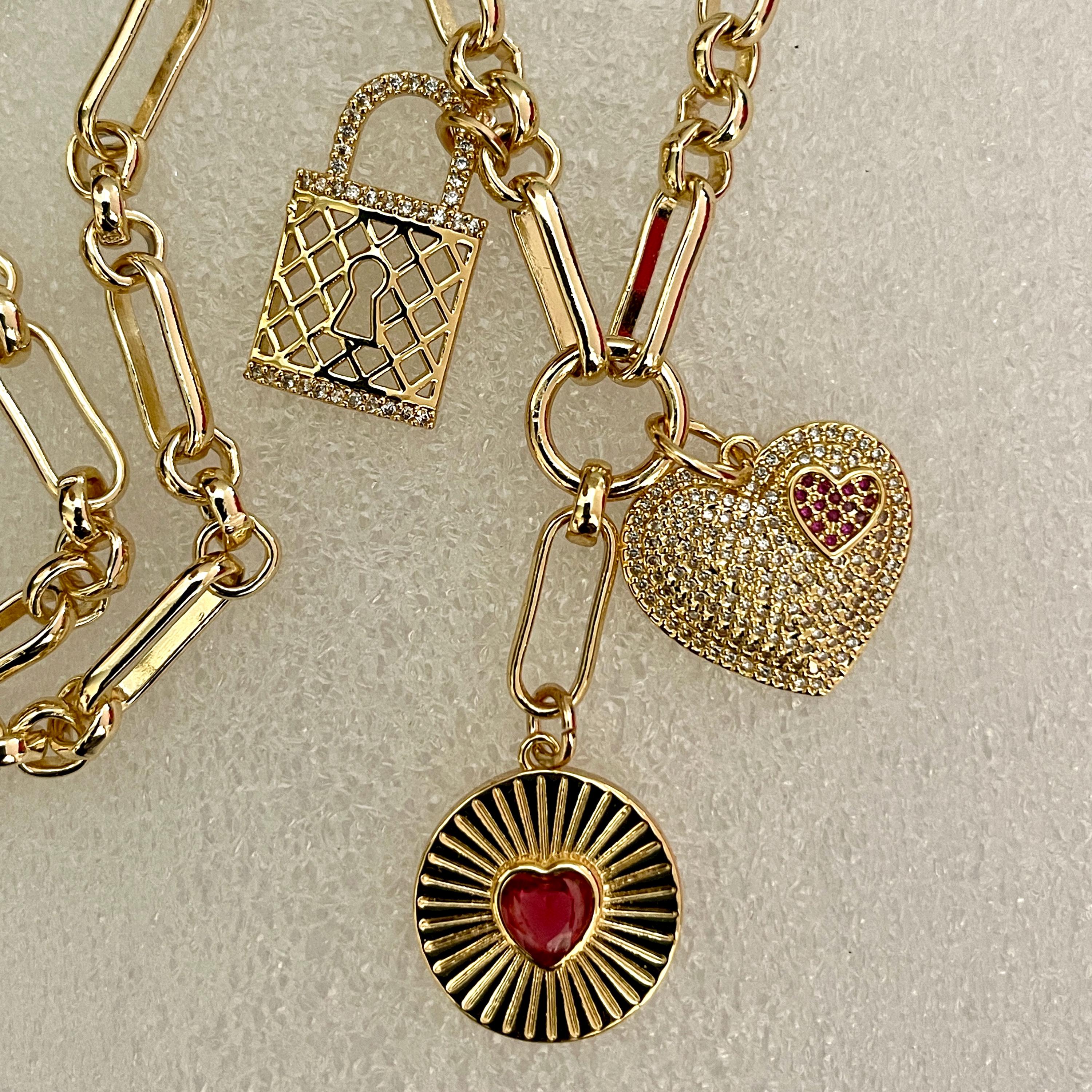 Gold Charm Necklace: CZ Heart, Sundial & Lock Pendants