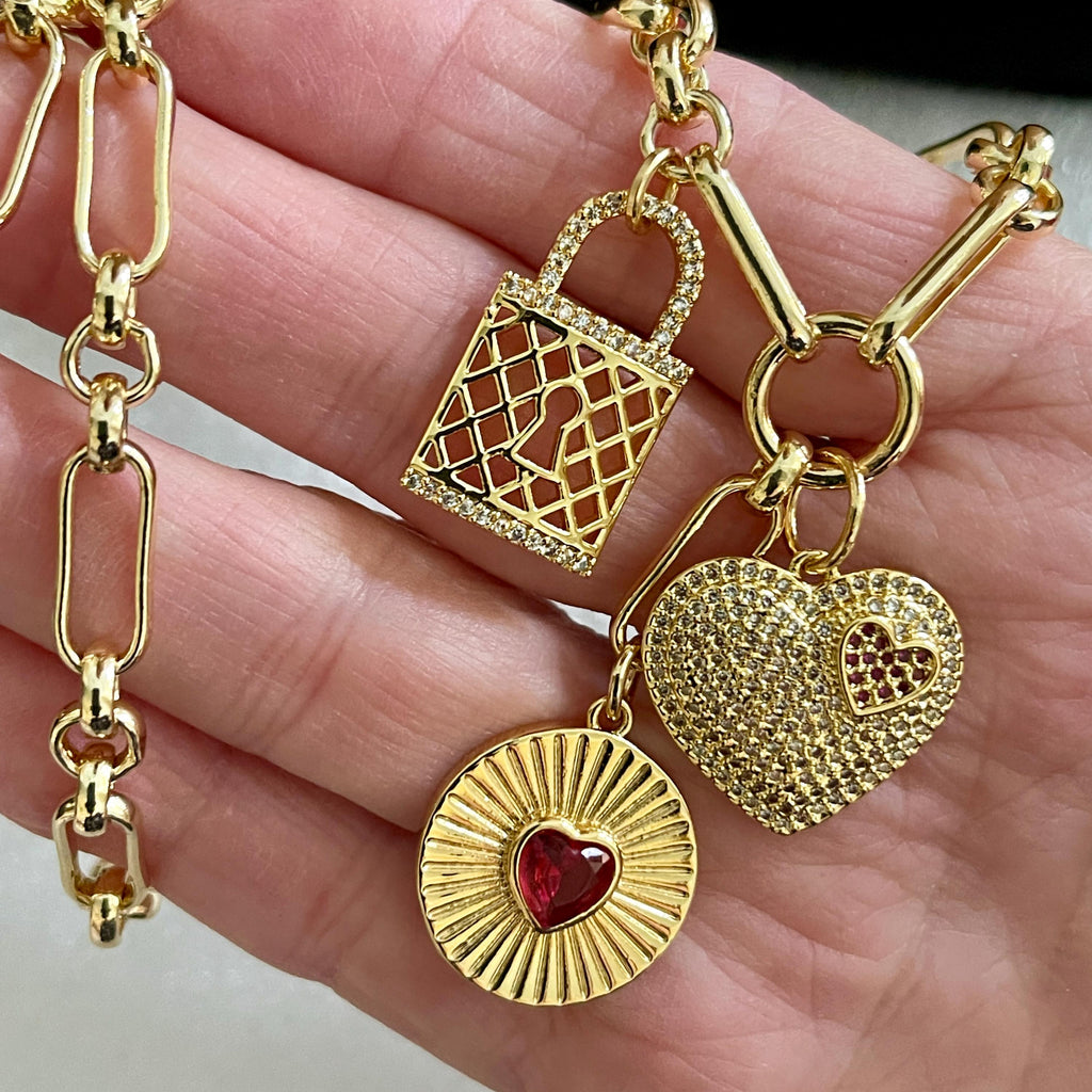 Gold Charm Necklace: CZ Heart, Sundial & Lock Pendants