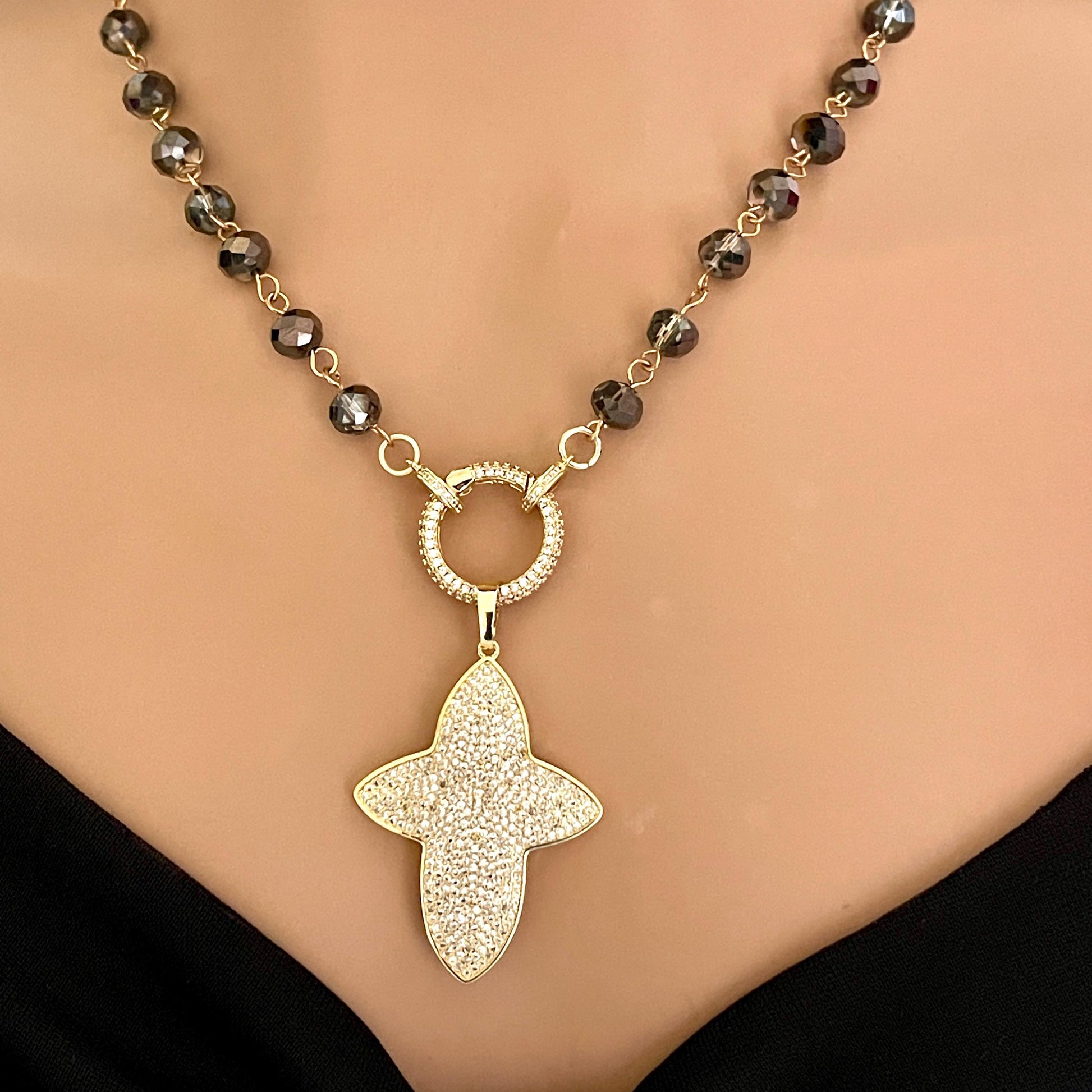 Gold Micro Pave Cross Pendant-Smokey Gray Rondelle Crystal Bead Chain Necklace-Unique Design-Religious Jewelry-Micro Pave Spring Lock Clasp