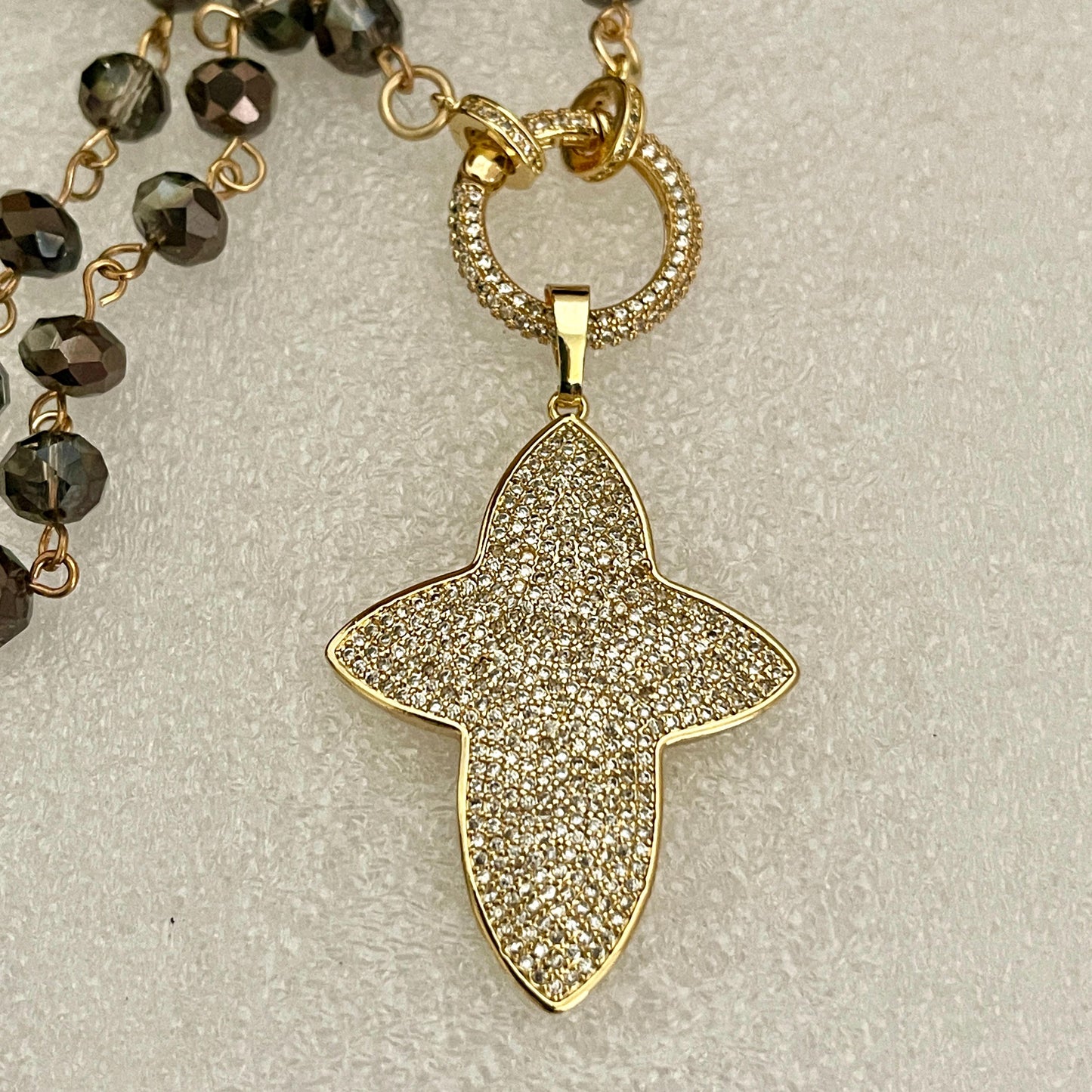 Gold Micro Pave Cross Pendant-Smokey Gray Rondelle Crystal Bead Chain Necklace-Unique Design-Religious Jewelry-Micro Pave Spring Lock Clasp