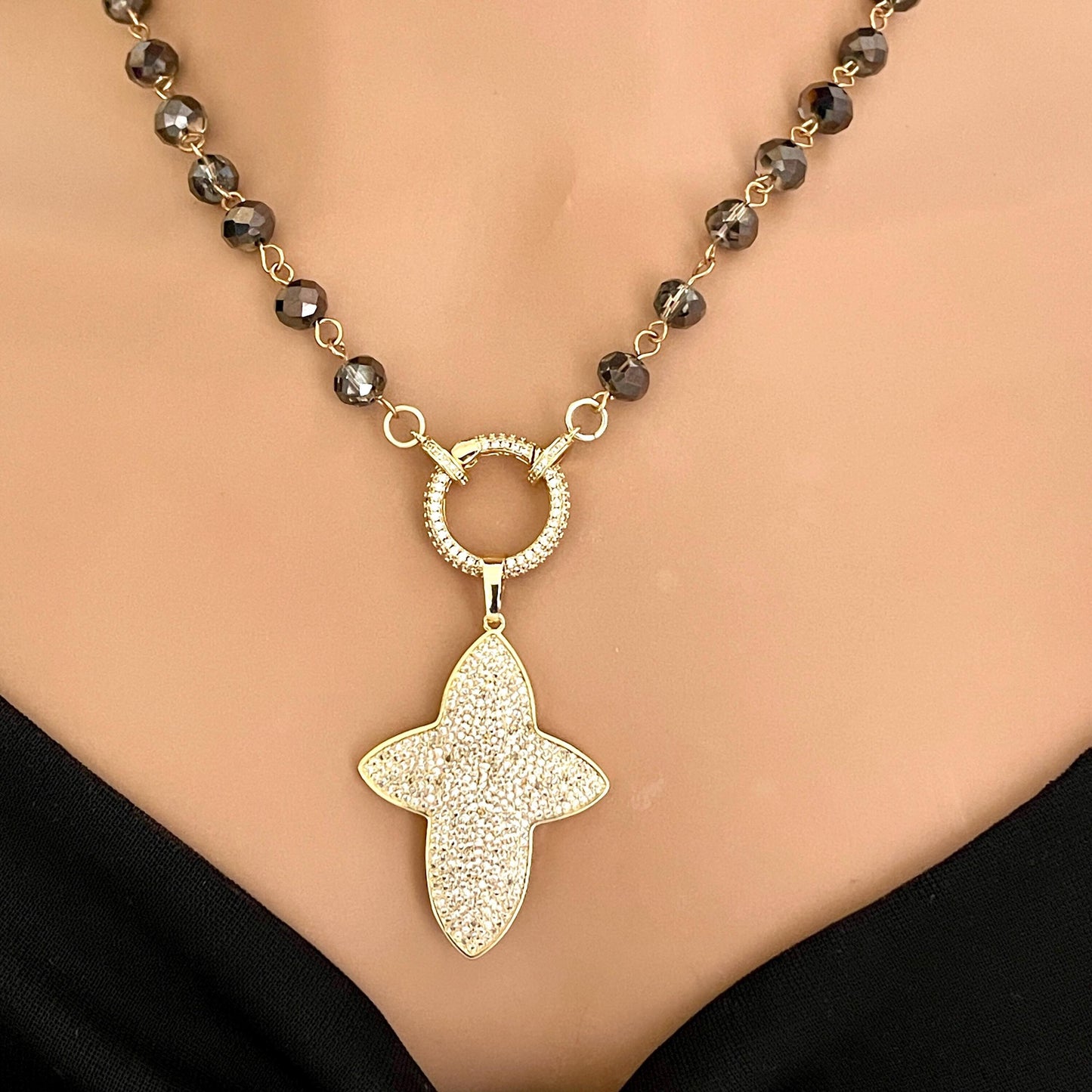 Gold Micro Pave Cross Pendant-Smokey Gray Rondelle Crystal Bead Chain Necklace-Unique Design-Religious Jewelry-Micro Pave Spring Lock Clasp