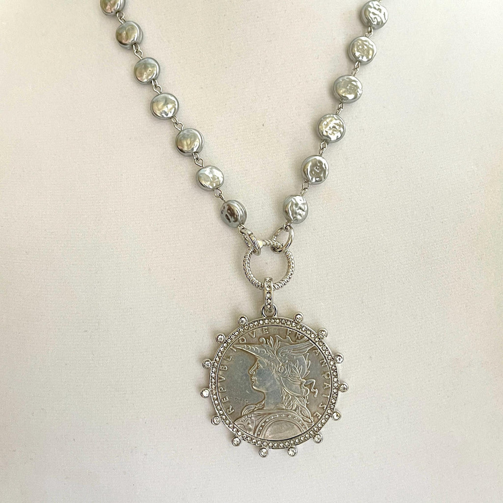 Silver Reproduction French Coin Necklace-Porcelain Coin Shape Pearl