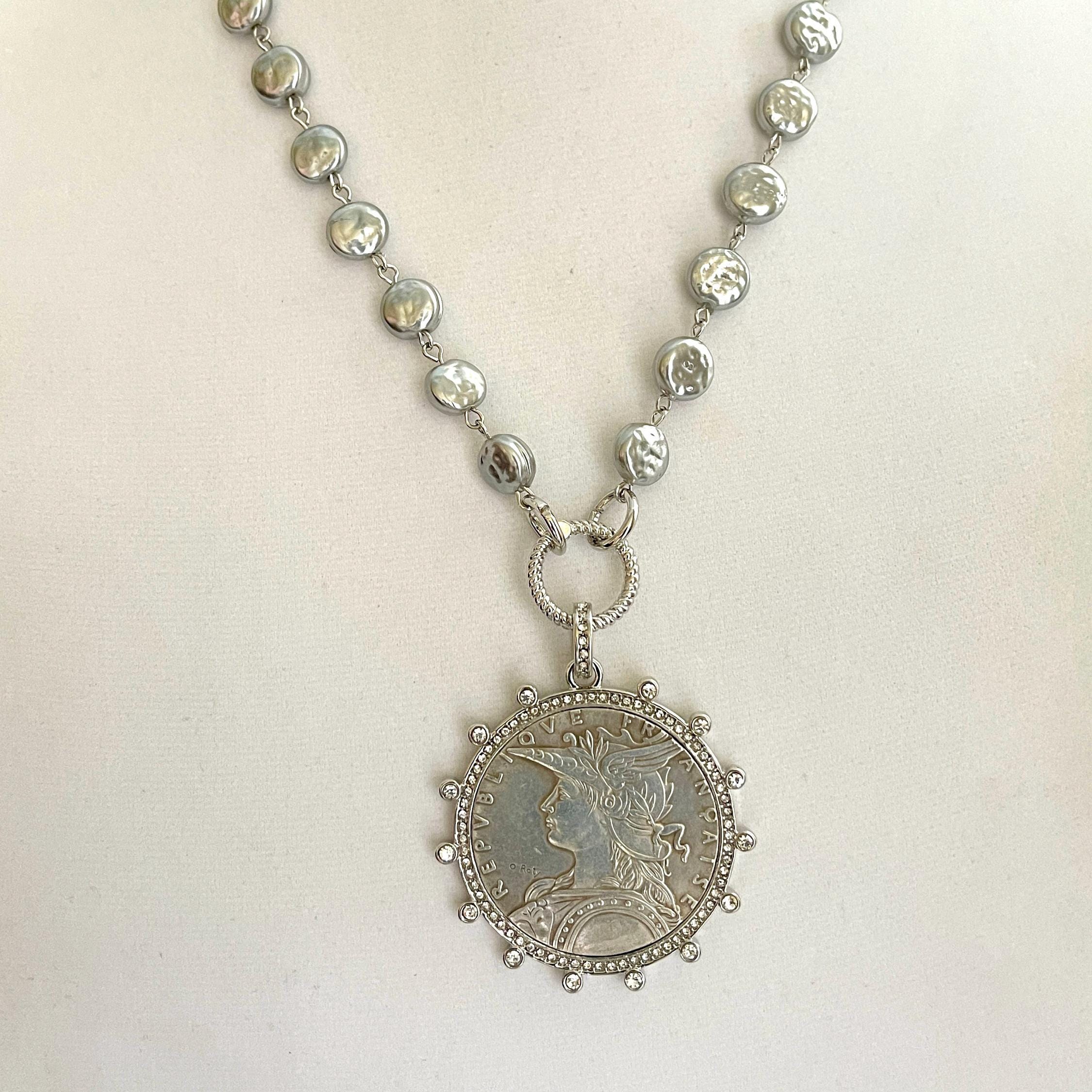 Silver Reproduction French Coin Necklace-Porcelain Coin Shape Pearl