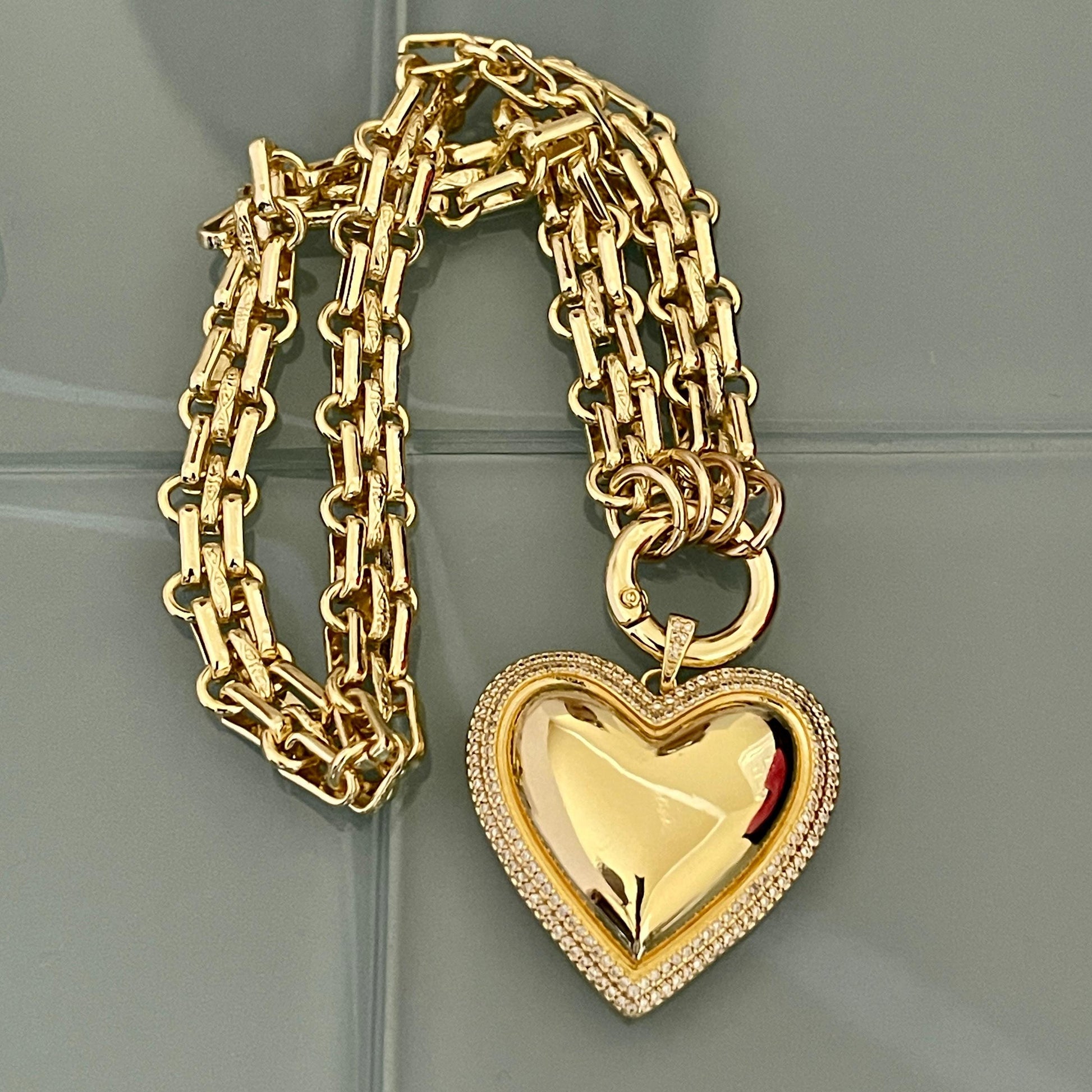 Gold Chunky Multilink Chain Necklace-Large Heart Pendant-Micro Pave Bezel- Gold Textured Chain Necklace-Spring Clasp-Gift For Her