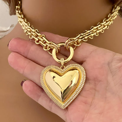 Gold Chunky Multilink Chain Necklace-Large Heart Pendant-Micro Pave Bezel- Gold Textured Chain Necklace-Spring Clasp-Gift For Her