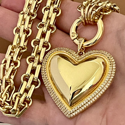 Gold Chunky Multilink Chain Necklace-Large Heart Pendant-Micro Pave Bezel- Gold Textured Chain Necklace-Spring Clasp-Gift For Her