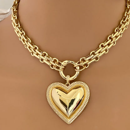 Gold Chunky Multilink Chain Necklace-Large Heart Pendant-Micro Pave Bezel- Gold Textured Chain Necklace-Spring Clasp-Gift For Her