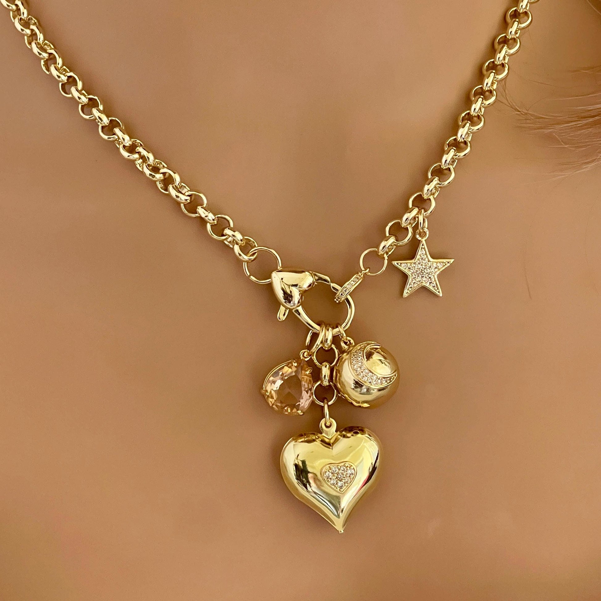 Gold Multi Charm Necklace-Gold Micro Pave Charms-Peach Crystal Pendant- Moon Pendant-Heart Pendant-CZ Star Charm-Rolo Chain-Lobster Clasp